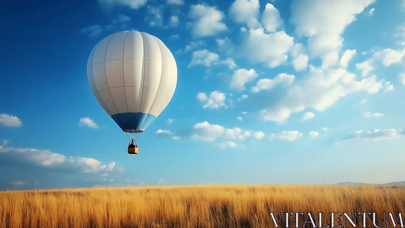 Gentle hot air balloon drifting over golden field skies.