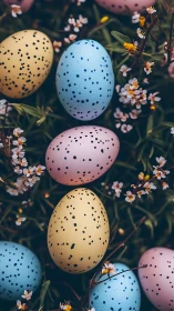 Speckled pastel Easter eggs in floral spring foliage layout.