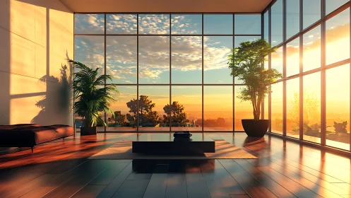 Sunlit glass loft cradling dawn over a tranquil cityscape.