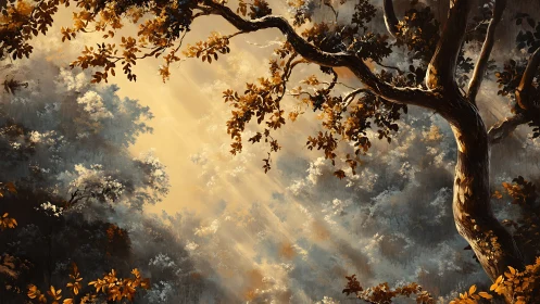 Radiant forest canopy with volumetric god rays and warm cool contrast