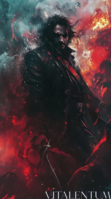 Dark coated swordsman in abstract red and teal flames.