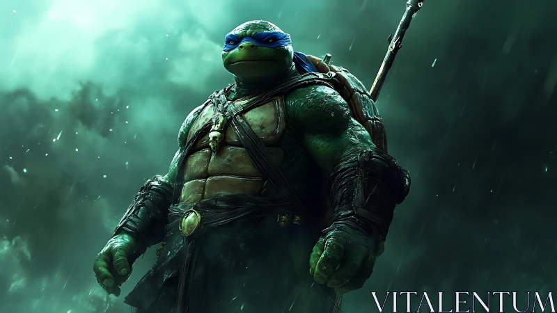 Armored mutant turtle warrior under stormlit teal sky.