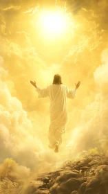 Radiant robed figure ascends through a sunburst heaven