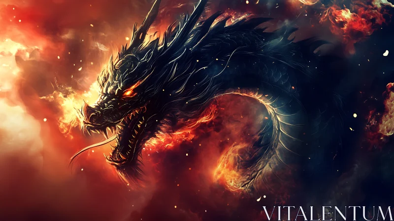 Fire-breathing black dragon coiled in blazing inferno