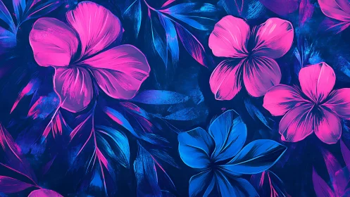 Neon hibiscus bloomstorm on midnight jungle velvet canvas.