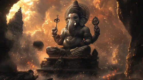Majestic Ganesha statue rests calmly in glowing temple ruins
