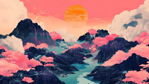 Dreamy candy-colored mountains under a glowing painted sun.
