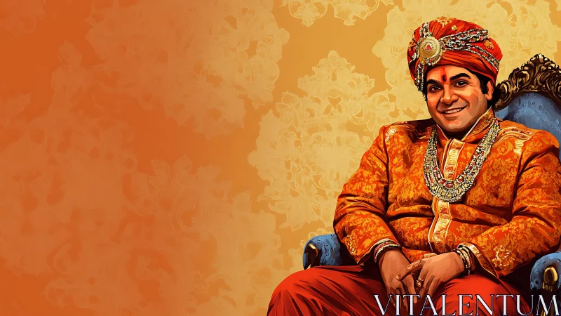 Regal Indian man smiles in ornate orange ceremonial attire.