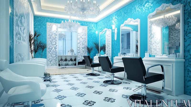 Luxurious turquoise salon interior with baroque mirrors and chandeliers.