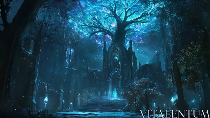 Luminous world tree crowns gothic cathedral under moonlit sky