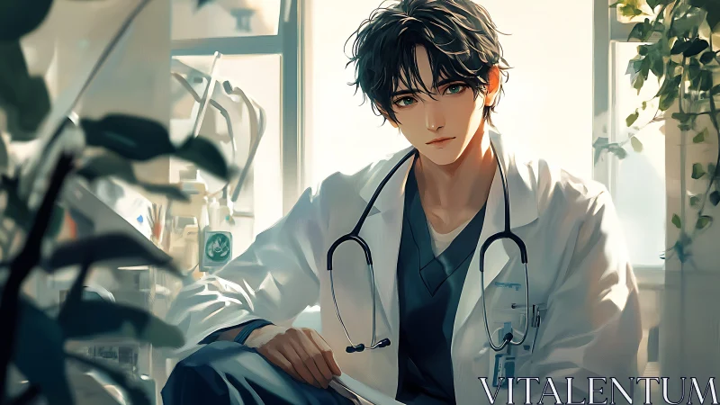 Sunlit anime doctor in tranquil, plant filled clinic calm.
