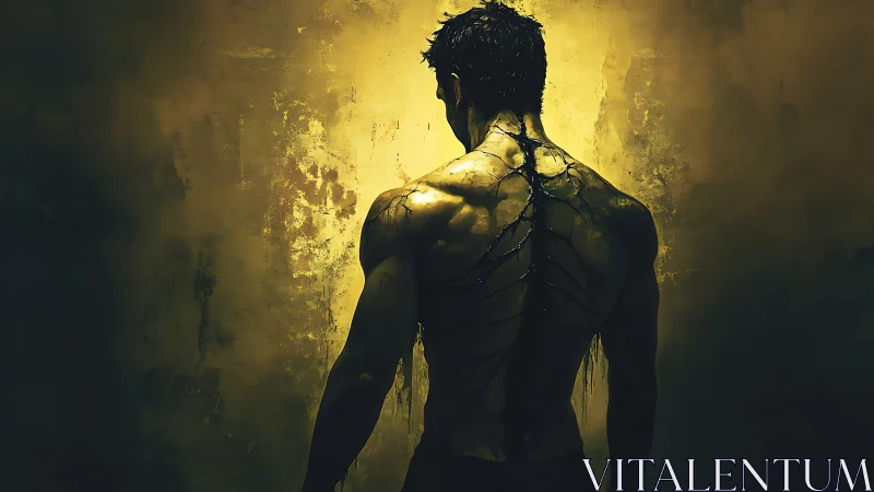Muscular male figure stands backlit with dark spinal veins
