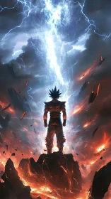 Storm-split heavens answer a lone warrior’s blazing stance