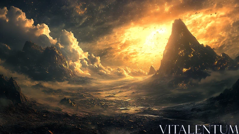 Fiery alien mountains under blazing golden sky.