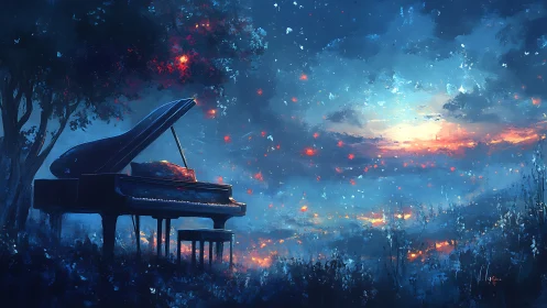 Grand piano under twilight sky with luminous particle effects