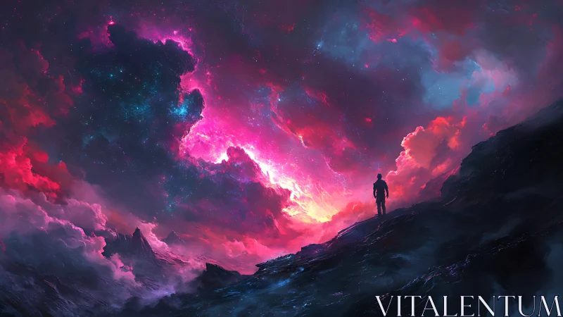 Solitary figure on rocky ridge under luminous nebula sky.