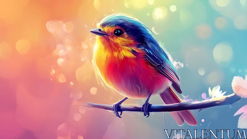 Vibrant digital painting of colorful songbird on branch.