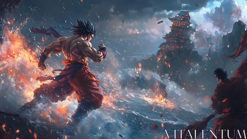 Warrior storms burning sea fortress under violent sky.