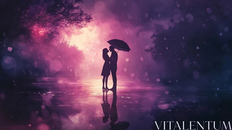 Silhouetted figures holding umbrella in illuminated landscape