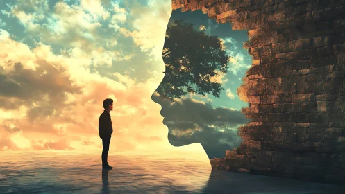 Surreal digital portrait void with reflective figure and sky portal.