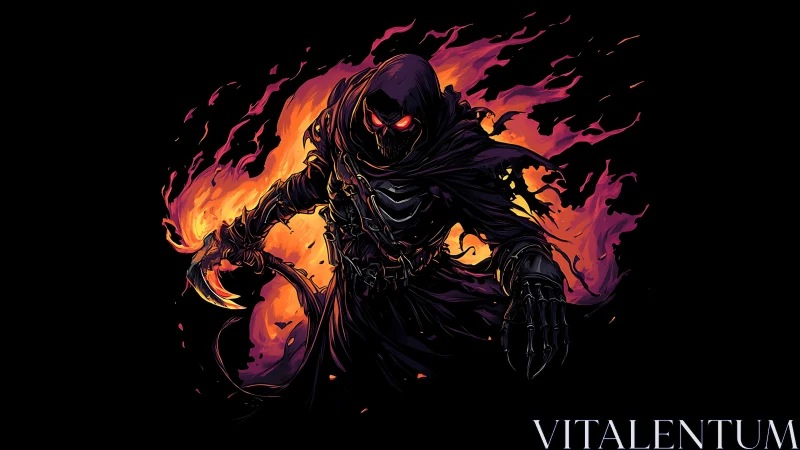 Hooded skeletal figure advances with scythe against flames