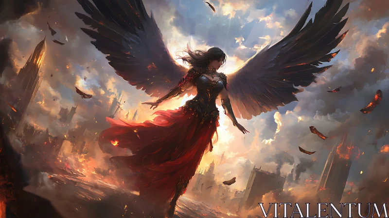 Storm-winged angel descending over burning cityscape.