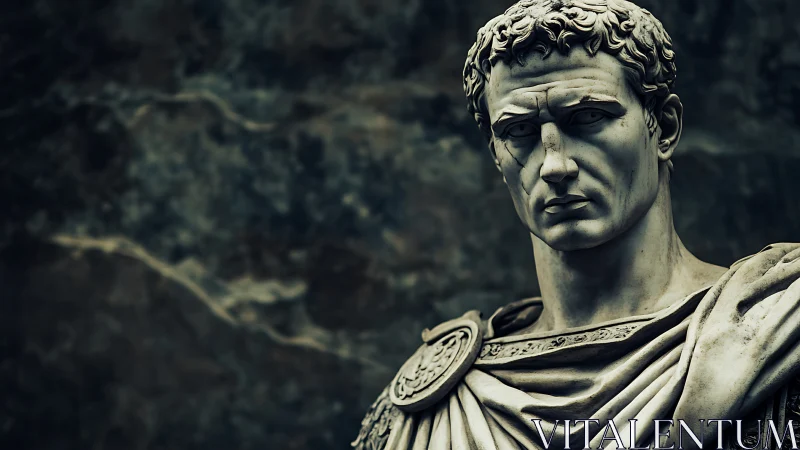 Strong marble Roman statue gazes calmly into shadowed space