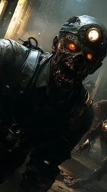 Undead miner lunges forward in a dim, blood soaked tunnel