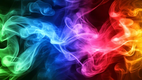 Colorful swirling smoke dance in a bright rainbow glow.