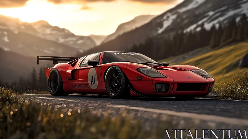 Low-slung red race-modified supercar with aero kit on alpine road