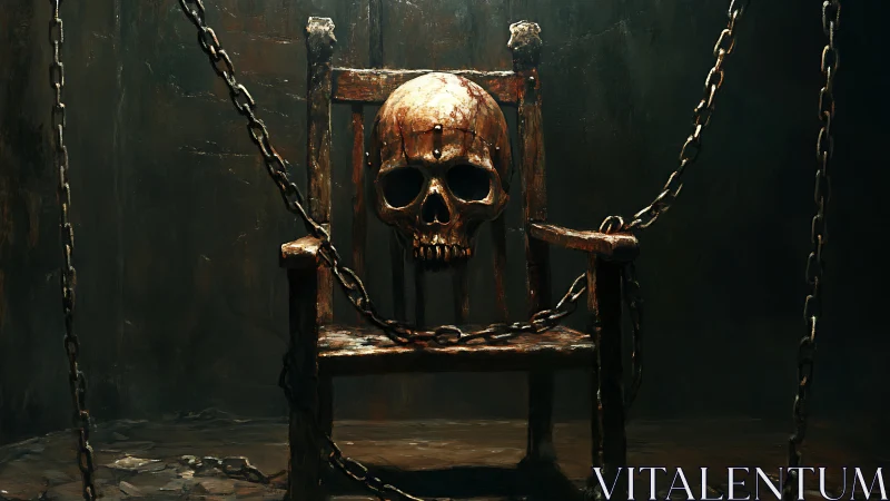 Decayed skull enthroned on chained wooden chair in gloom