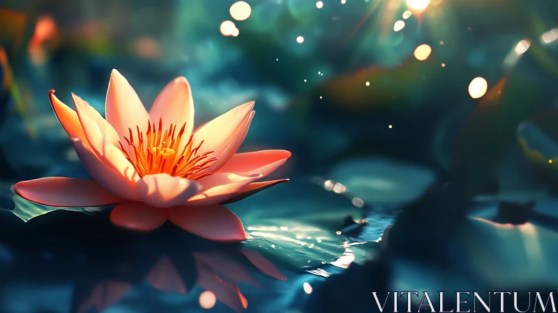 Luminous water lily rendered in cinematic shallow focus lighting