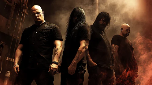 Cinematic metal band portrait in infernal low key lighting.