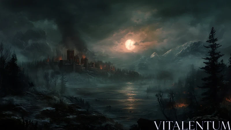 Moonlit fortress smolders beside a haunted mirror-lake