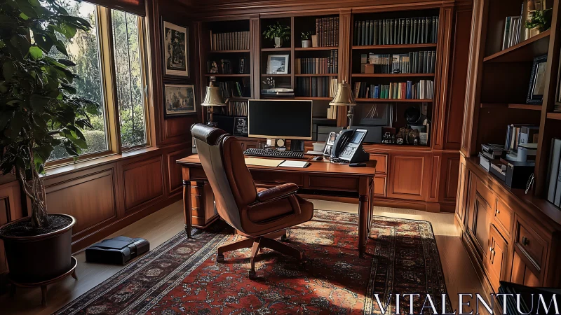Warm wood-paneled home office glows with afternoon light