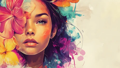 Female portrait merges with bright abstract floral shapes