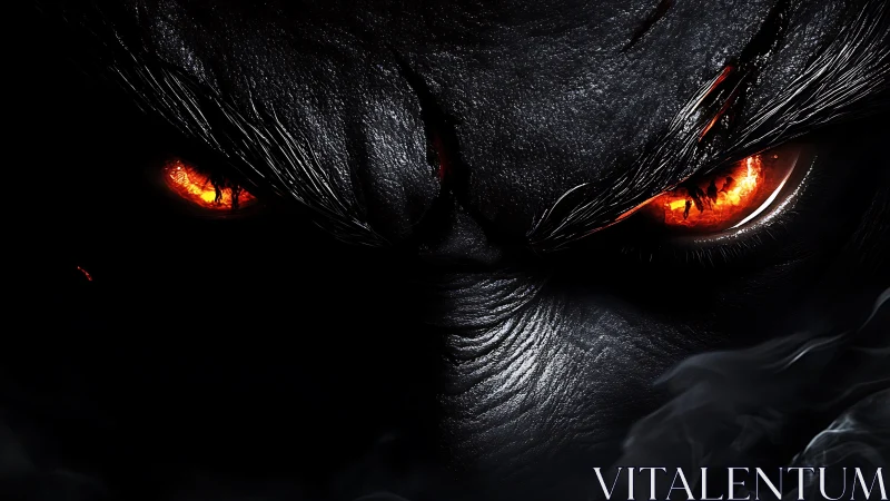 Demonic eyes burn through darkness with molten inferno gaze.