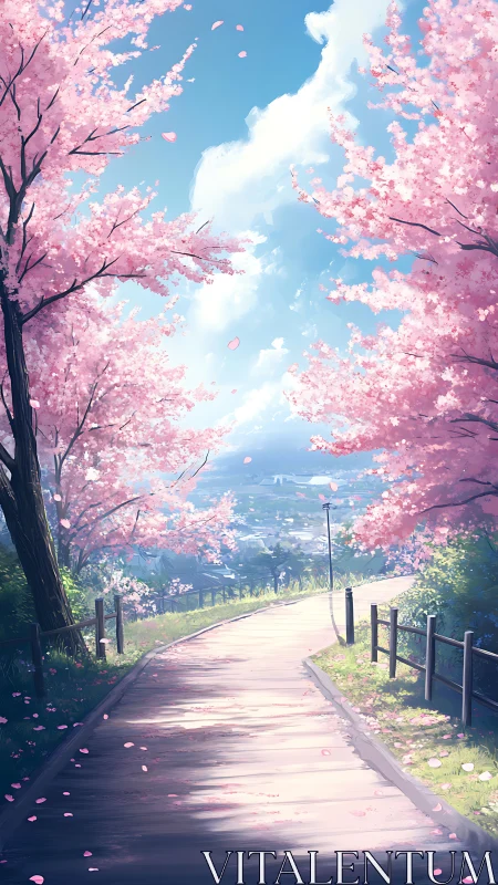 Cherry blossom roadway hums softly toward the bright town