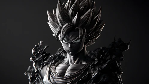 Monochrome anime warrior rendered as high contrast 3D bust