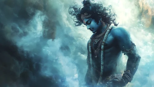Blue celestial warrior in ethereal cloudscape with jeweled adornment