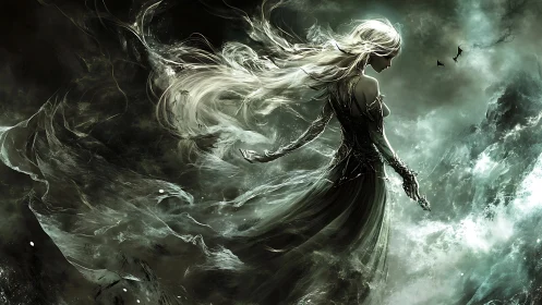 Ethereal sorceress strides through turbulent spectral storm