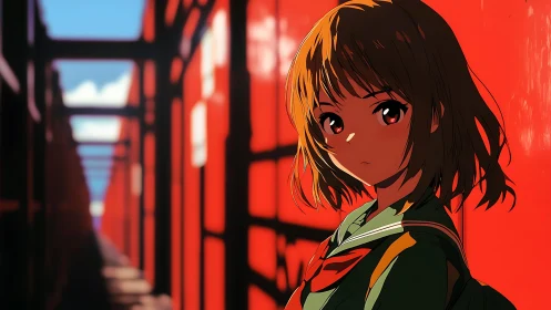Anime schoolgirl against vivid red alley shadows.