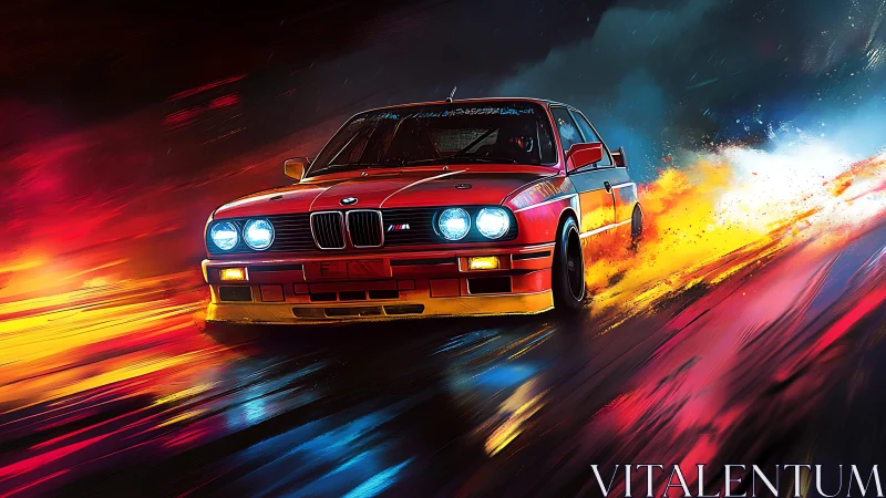 Retro red street racer ignites neon rain with blazing drift.