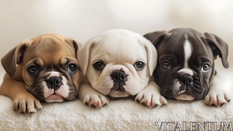 Photorealistic trio of bulldog puppies in symmetrical close-up.