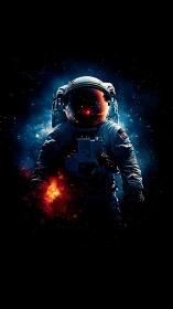 Solitary astronaut strides through cosmic fire and shadow