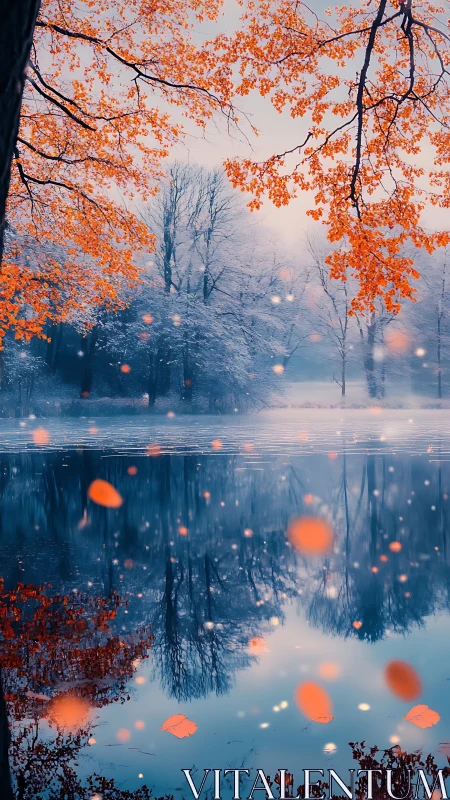 Autumn leaves drift over a frozen lake in soft twilight.