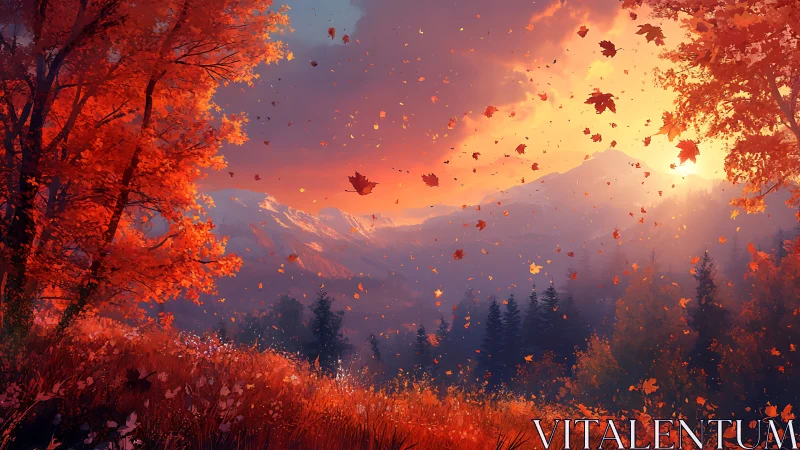 Autumn hillside with distant snowy mountains at sunset.