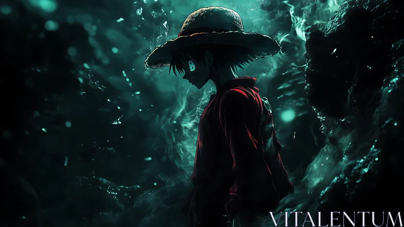 Backlit anime sailor in volumetric teal mist and rim lighting