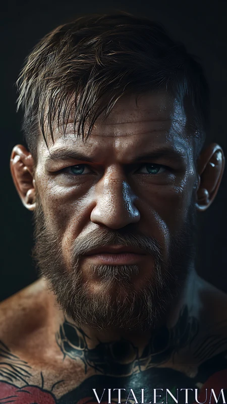 Gritty bearded fighter portrait under dramatic studio light.