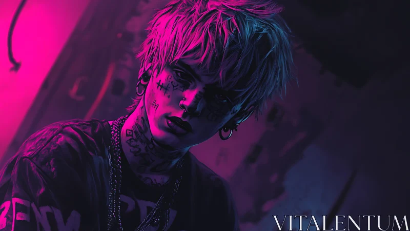 Neon punk portrait under magenta and blue street glow.